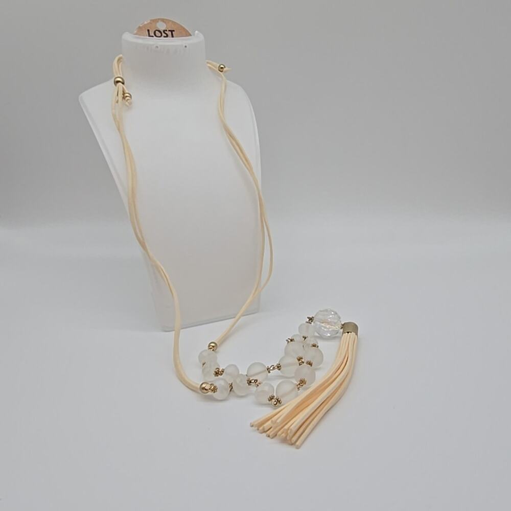 Bohemian Cream Suede Long Beaded Necklace Frosted Clear Beads Gold Tone Tassel